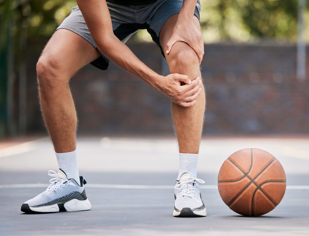 Pain Basketball And Man With Knee Injury Standing 2023 01 04 19 41 26 Utc